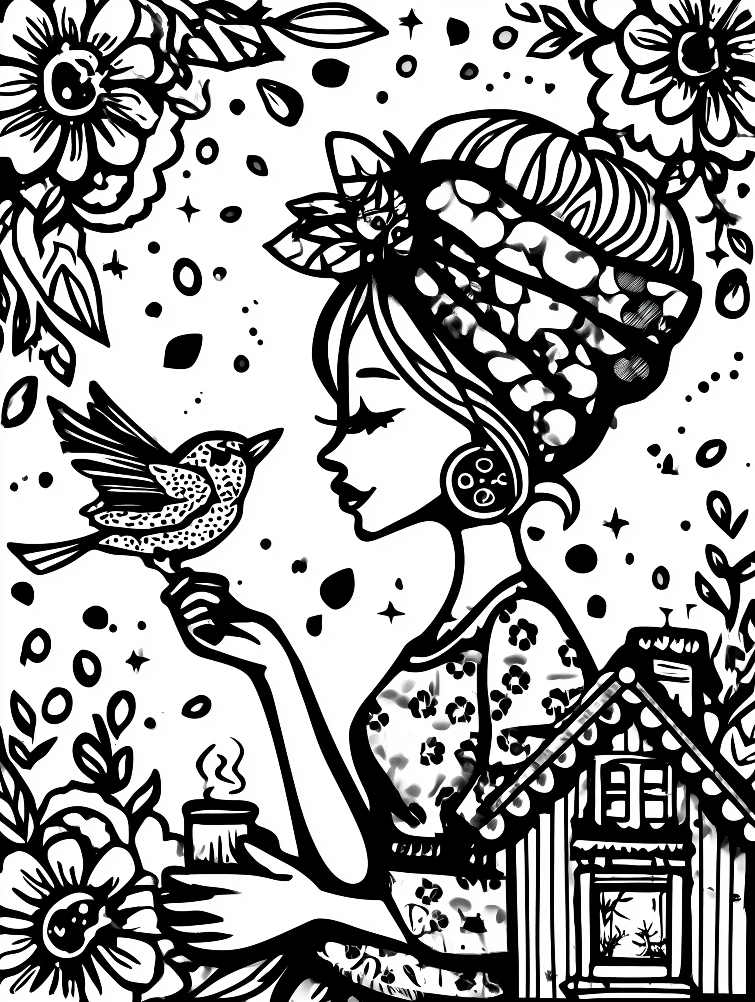 Free printable coloring page for your mom featuring a mom with an updo looking at a bird